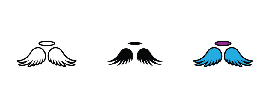 Divine angel wings with halo for spirituality, freedom and guardian protection icon set. Vector Illustration.