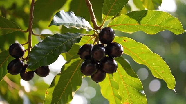 Ripe Jamun Fruit Cluster Hanging on a Tree Branch