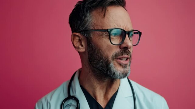 Middle-aged doctor in a lab coat showing a range of emotions from shock to disgust and anger