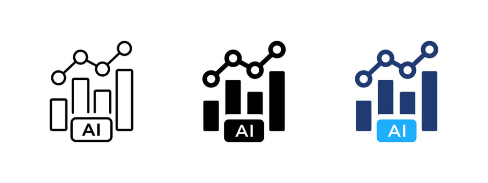 AI data analysis icon. Symbol of digital analytics, charts and graphs. Machine learning, neural network and data visualization concept. Insight and report sign representing AI-powered analysis.