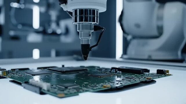 Industrial robotic arm soldering circuit board.