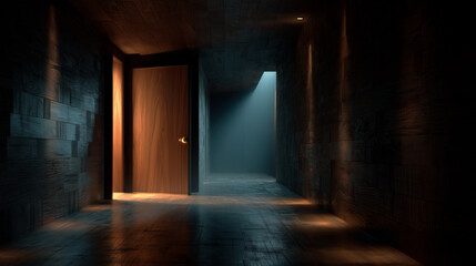 Obraz premium Mysterious doorway revealed in dark hallway abandoned building digital artwork eerie atmosphere dramatic perspective