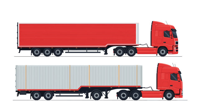 Two large red semi-trucks with trailers, one with a red cargo box and the other with a white ribbed container.