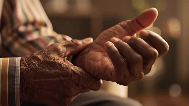 Elderly Man Suffering from Wrist Pain with Close-up of Wrinkled Hands Massaging a Sore Joint for Healthcare and Arthritis Awareness Content.