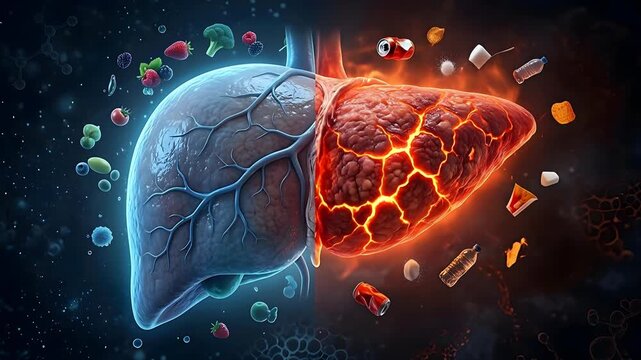 Healthy Liver Contrasted with Diseased Liver Showing Effects of Unhealthy Diet and Lifestyle Choices with Fruits Vegetables vs Junk Food and Alcohol