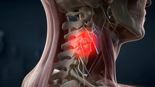 Human Cervical Spine Anatomy Showing Vertebrae Crack With Red Glow Highlighting Painful Injury And Damaged Nerves Realistic Medical Animation With