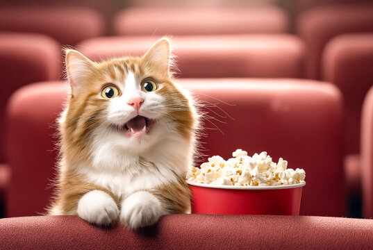 Happy cat eating popcorn in a movie theater. Concept of entertainment, cinema, fun and leisure time