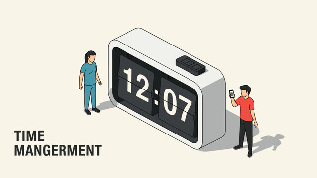 Two people standing next to a large retro flip digital clock showing twelve o'clock to represent time management.
