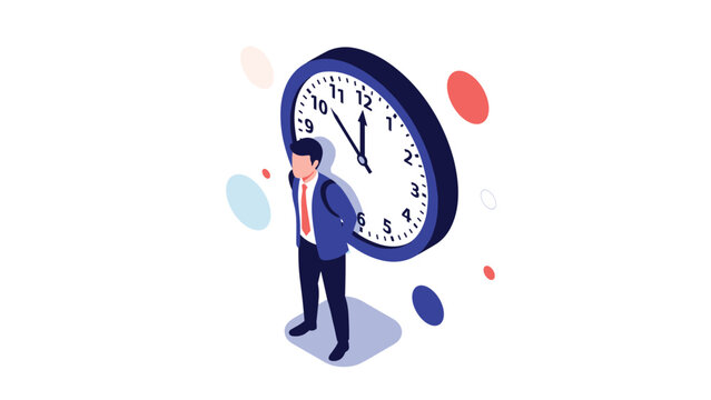 Businessman standing in front of a giant blue wall clock representing time pressure, deadlines, and schedule management.