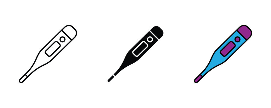 Digital medical thermometer for body temperature measurement and fever check icon set. Vector Illustration.