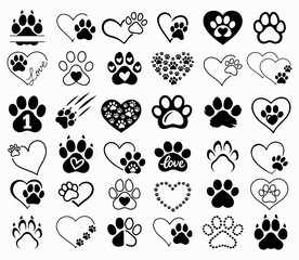 Fototapeta premium Dog paw print icons set with hearts, pet love symbols bundle vector