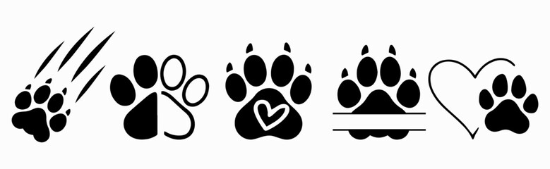 Dog paw icons set with hearts and scratches, pet symbols collection © Bohdan