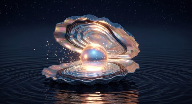 Stunning iridescent pearl emerging from shimmering oyster shell in dark water