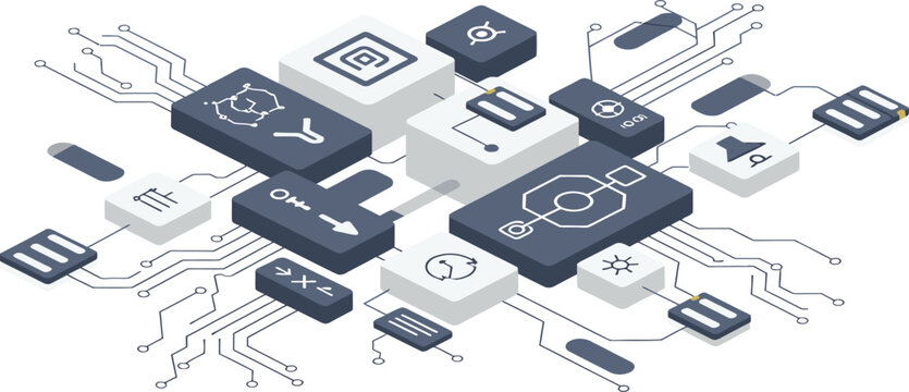 Digital circuit board with various electronic components and symbols on a white background