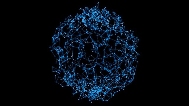 Digital connected blue data network sphere zoom effect. 3d animation 4k seamless loop