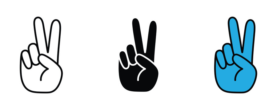Victory hand gesture for peace sign, success achievement and positive winning icon set. Two fingers raised v symbol. Vector Illustration.