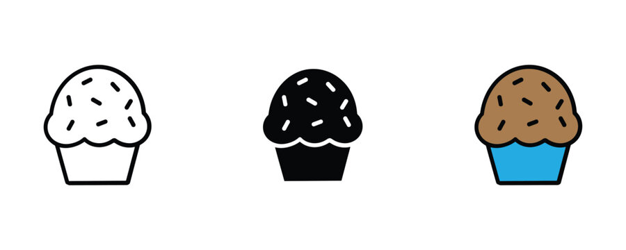 Sweet chocolate muffin with sprinkles for bakery shop, delicious cupcake dessert and snack icon set. Homemade pastry and muffin symbol. Vector Illustration.