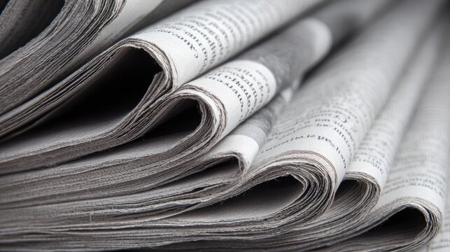 Close up of a neatly folded stack of newspapers filled with text