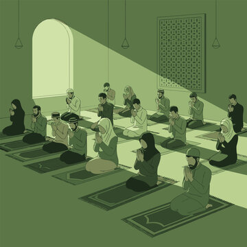 Muslims praying together in a mosque during prayer time.
