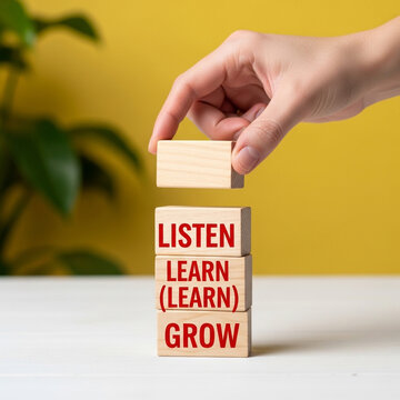 Hand placing wooden block with listen learn grow text on white surface for personal development concept
