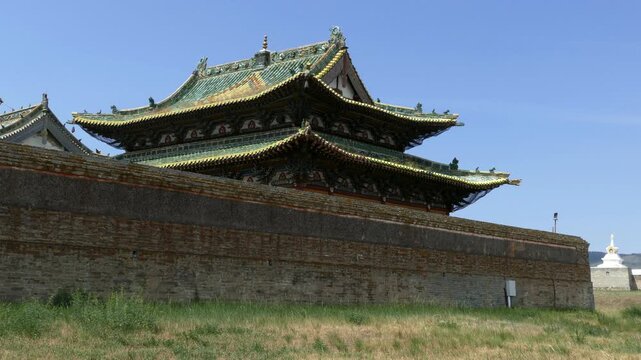  Ritual architecture of an ancient Buddhist monastery on the background of the blue sky.  Erdene Zuu monastery. Kharkhorin, Mongolia.
