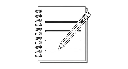 Naklejka premium A black and white line drawing of a spiral bound notebook with a pencil resting on top of it.