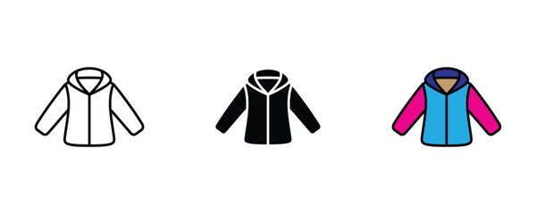 Warm winter jacket with hood for cold weather fashion, outdoor clothing and seasonal apparel icon set. Stylish puffer coat symbol. Vector Illustration. © NH RIDOY
