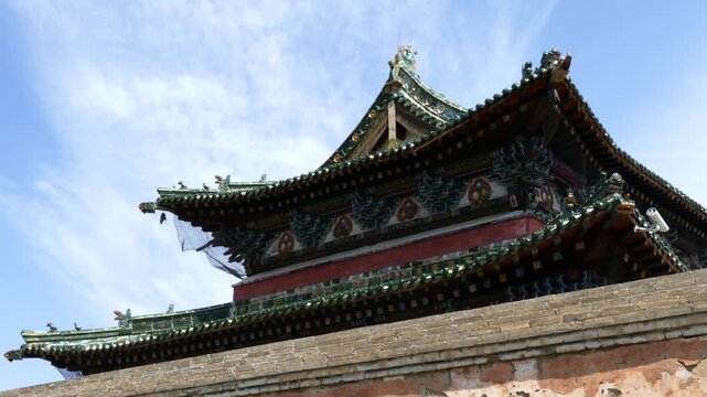  Ritual architecture of an ancient Buddhist monastery on the background of the blue sky.  Erdene Zuu monastery. Kharkhorin, Mongolia.
