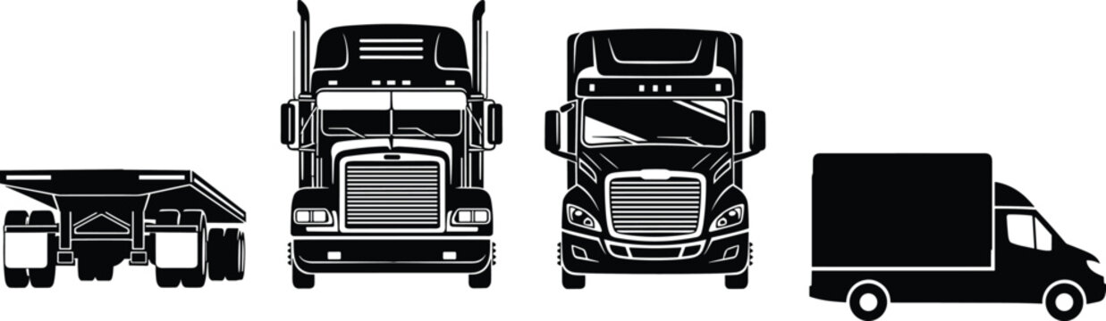 Comprehensive Collection of Commercial Vehicle Silhouettes Featuring Heavy Duty Semi Trucks Delivery Vans and Flatbed Trailers for Logistics Transportation and Cargo Shipping Services