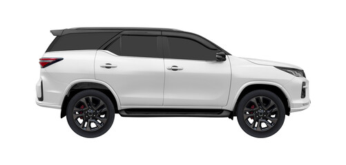 SIde view a large white SUV with four-wheel drive and a diesel engine isolated on white background © Supachai