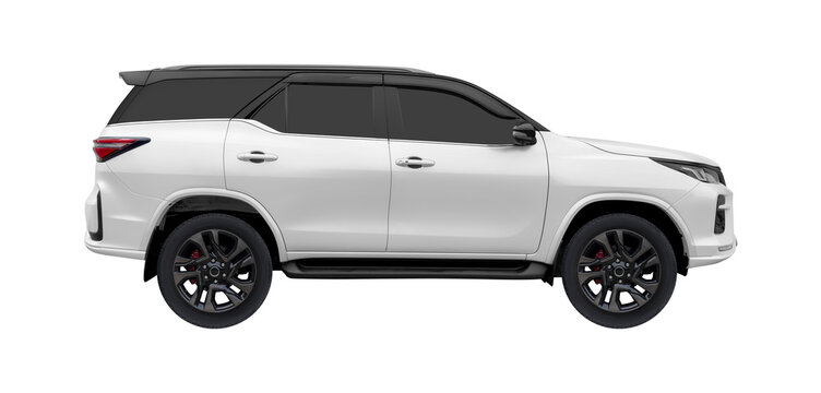 SIde view a large white SUV with four-wheel drive and a diesel engine isolated on white background