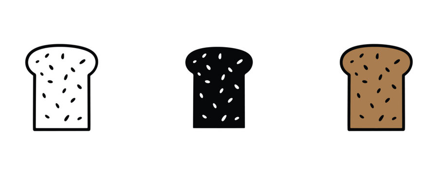 Fresh bread slice for bakery shop, healthy breakfast toast and organic wheat food icon set. Whole grain loaf nutrition symbol. Vector Illustration.