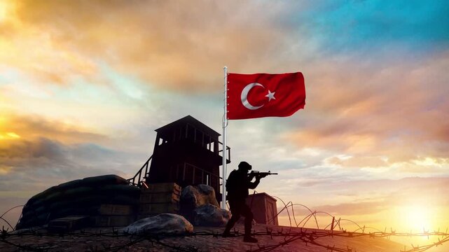 soldier guarding Turkish flag at sunset, a patriotic motion video