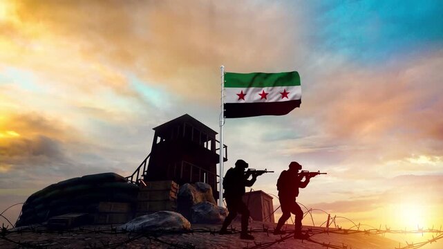 Soldiers defending a Syrian post with a flag waving at sunset animation footage