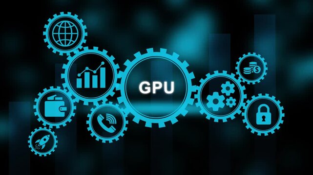 Cyan gears with icons for GPU and technology concepts on dark blurred background cogwheels graphics processing unit