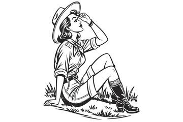 Obraz premium Vintage Pin Up Cowgirl. confident western cowgirl, tipping her hat with a smile sketch engraving fictional character illustration. Scratch board imitation. Black and White Engraving Style Western Illu