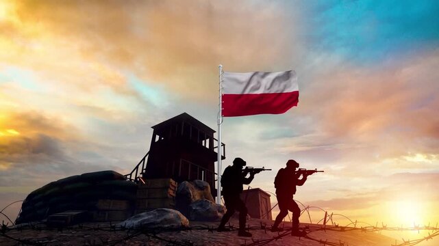 soldiers guard the border outpost beneath a waving Polish flag