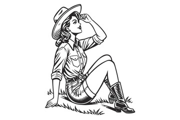 Obraz premium Vintage Pin Up Cowgirl. confident western cowgirl, tipping her hat with a smile sketch engraving fictional character illustration. Scratch board imitation. Black and White Engraving Style Western Illu