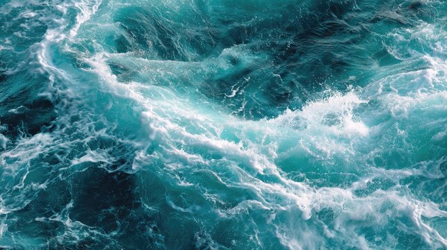 Aerial view of ocean waves crashing and churning with foam and turquoise water