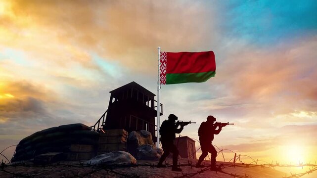 soldiers on patrol near the Belarusian flag and a fortified watchtower