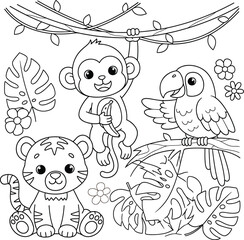 Fototapeta premium Cute jungle animals coloring page with monkey tiger and parrot cartoon illustration in simple outline style perfect for kids coloring book printable activity sheet and forest themed drawing page