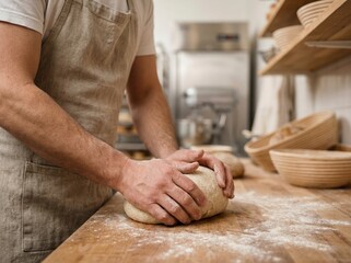 Fototapeta premium Close Up Baker Kneading Dough on Floured Wooden Counter