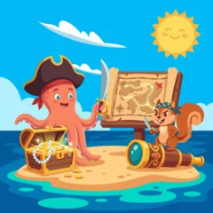 Poster Piraten A playful scene featuring a cartoon octopus and a squirrel pirate joyfully discovering treasure on a sunny tropical island, highlighting adventure and friendship.  © Haitao
