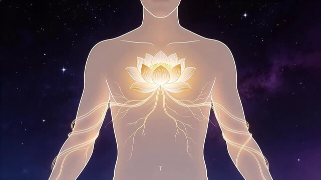 Luminous lotus flower blooming at the heart center of a translucent human figure, with energy channels radiating through arms against a starry cosmic background &mdash; spiritual awakening and chakra medita