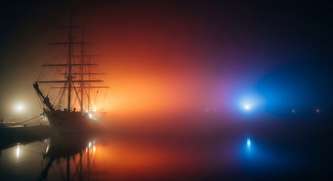 Silhouette of historic pirate ship at sunset with dramatic fog and colorful sky reflections