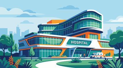 Fototapeta premium A sleek and modern hospital building featuring an ambulance, symbolizing healthcare services and community support in a vibrant and contemporary architectural design.