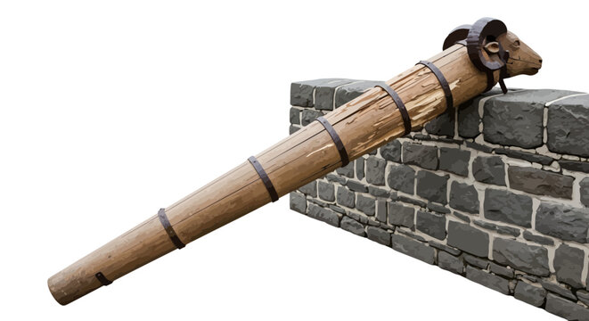 A ram-headed battering ram leans on a gray stone wall, isolated on white