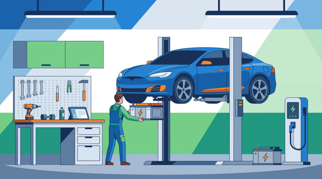 An auto mechanic repairing an electric vehicle, representing advancements in automotive technology and the growing importance of electric cars in the modern automotive industry.