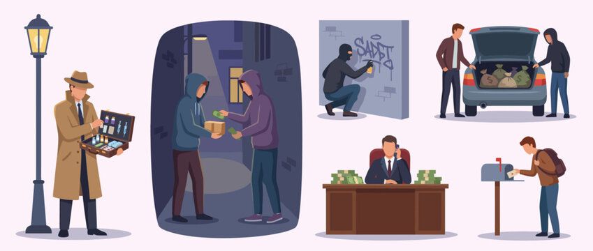 A dark, illustrated depiction of urban crime scenes, featuring shady deals, graffiti, and characters engaged in suspicious activities illustrating the underbelly of city life.