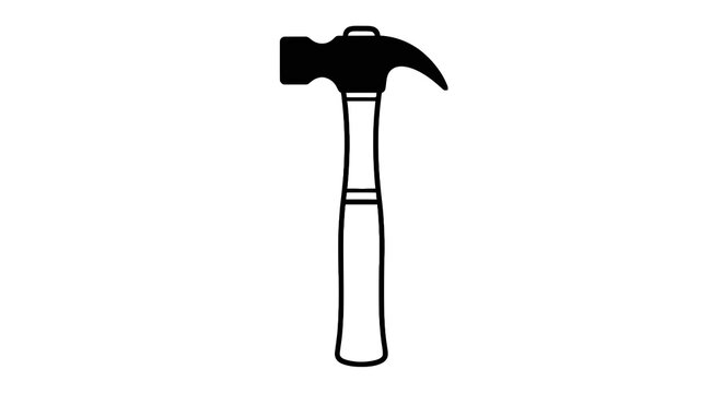 A black and white illustration of a claw hammer, positioned vertically on a white background